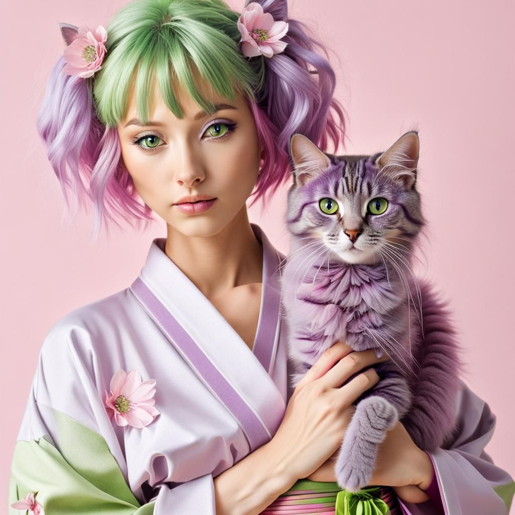 Aesthetic Woman with Pink Hair, Cat and Kimono