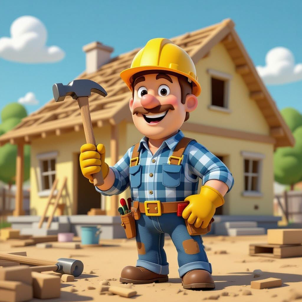Bob the Builder Constructing a House in Cartoon Style