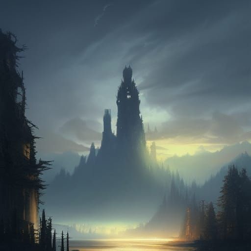 Gothic Wizard Tower at Sunset: Dark Fantasy Art
