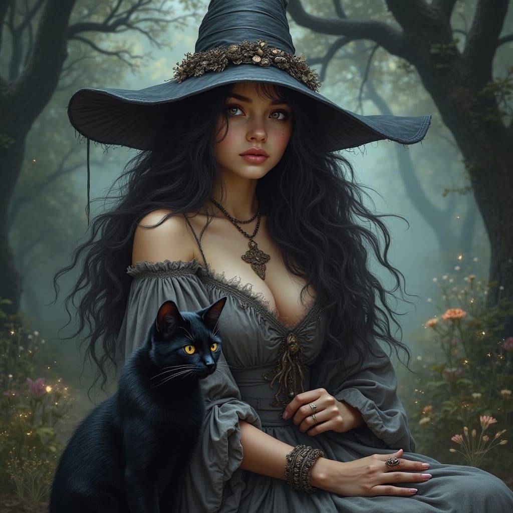 Witch and Black Cat in Moonlit Mystical Forest
