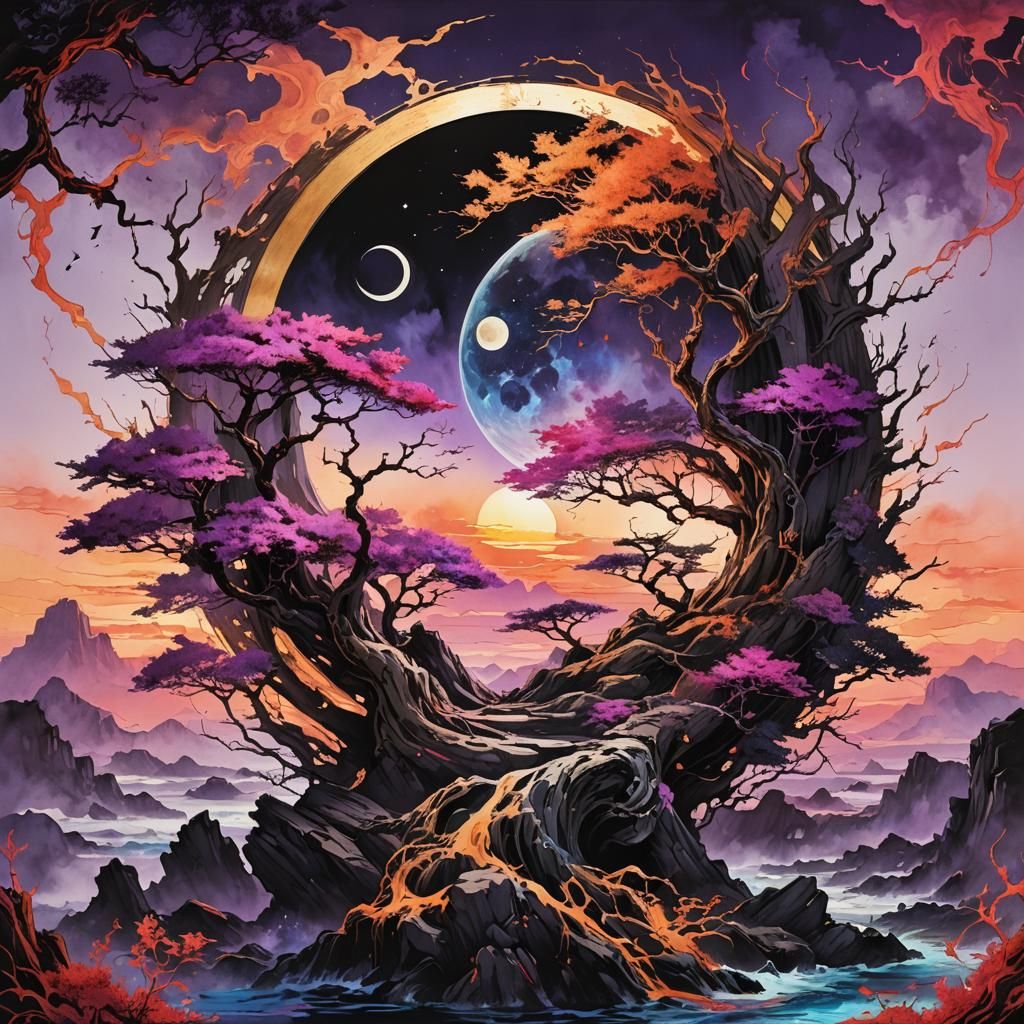 Luminescent Yin Yang Bonsai in Black Light Art