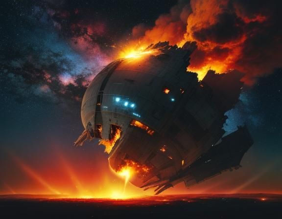 Fiery Descent: Damaged Spaceship Re-entering Atmosphere