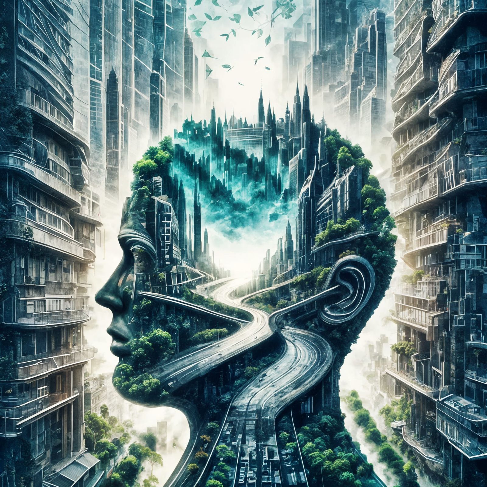 Surreal Leaf and City Double Exposure