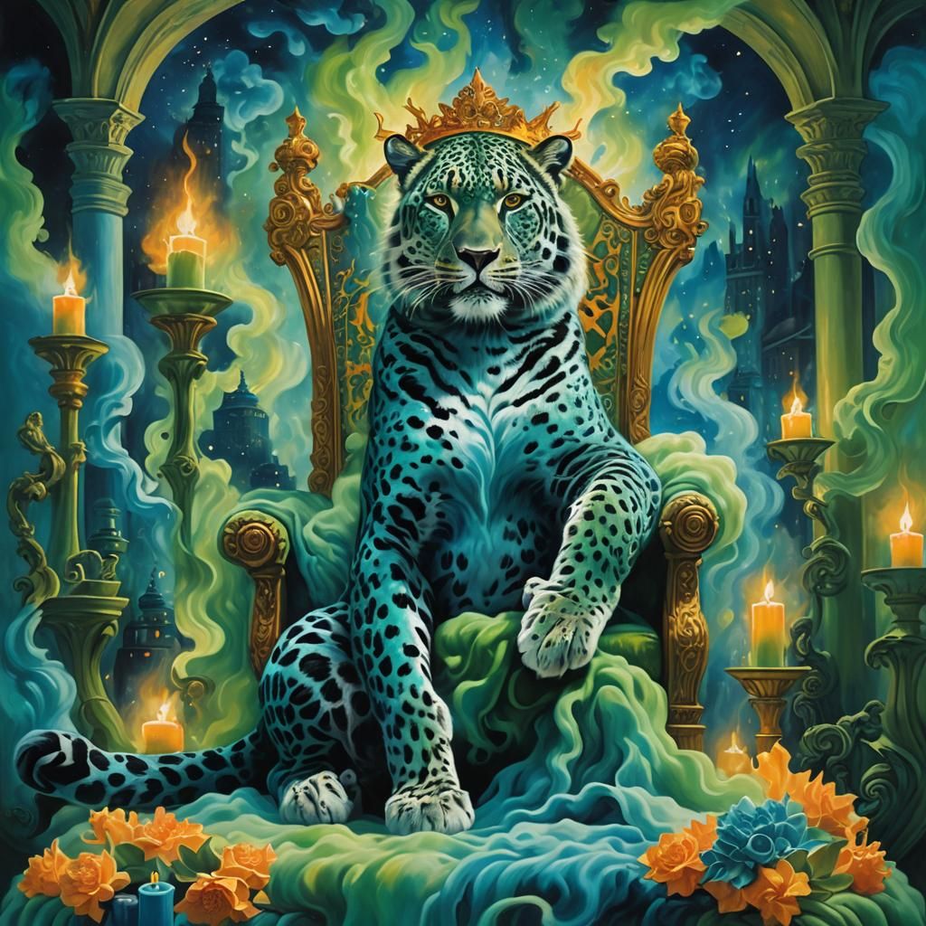 Blue Leopard King in City of Light, Surreal Art