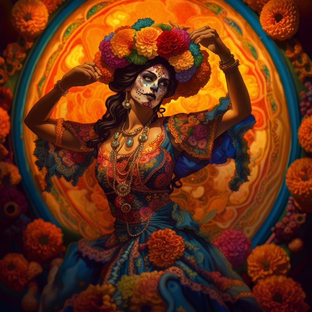 Woman Dancing in Mexican Dress, Art Nouveau Style
