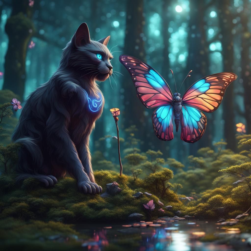 Electro Cat and Glass Butterfly in Forest