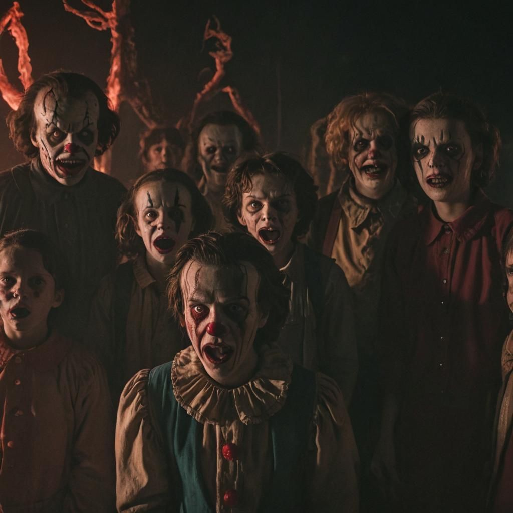 Stranger Things Gang Meets IT Clown: Cinematic Film Still