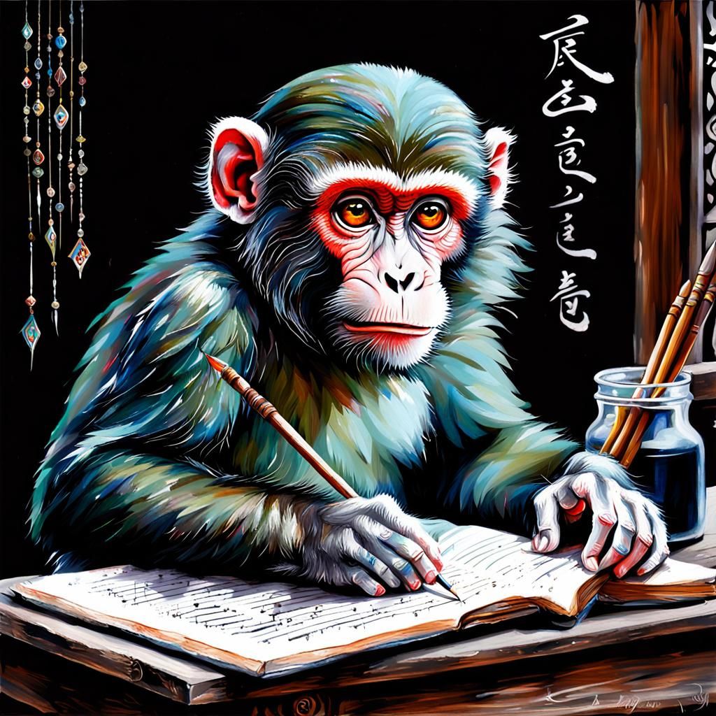 whimsical monkey as the mage's scribe