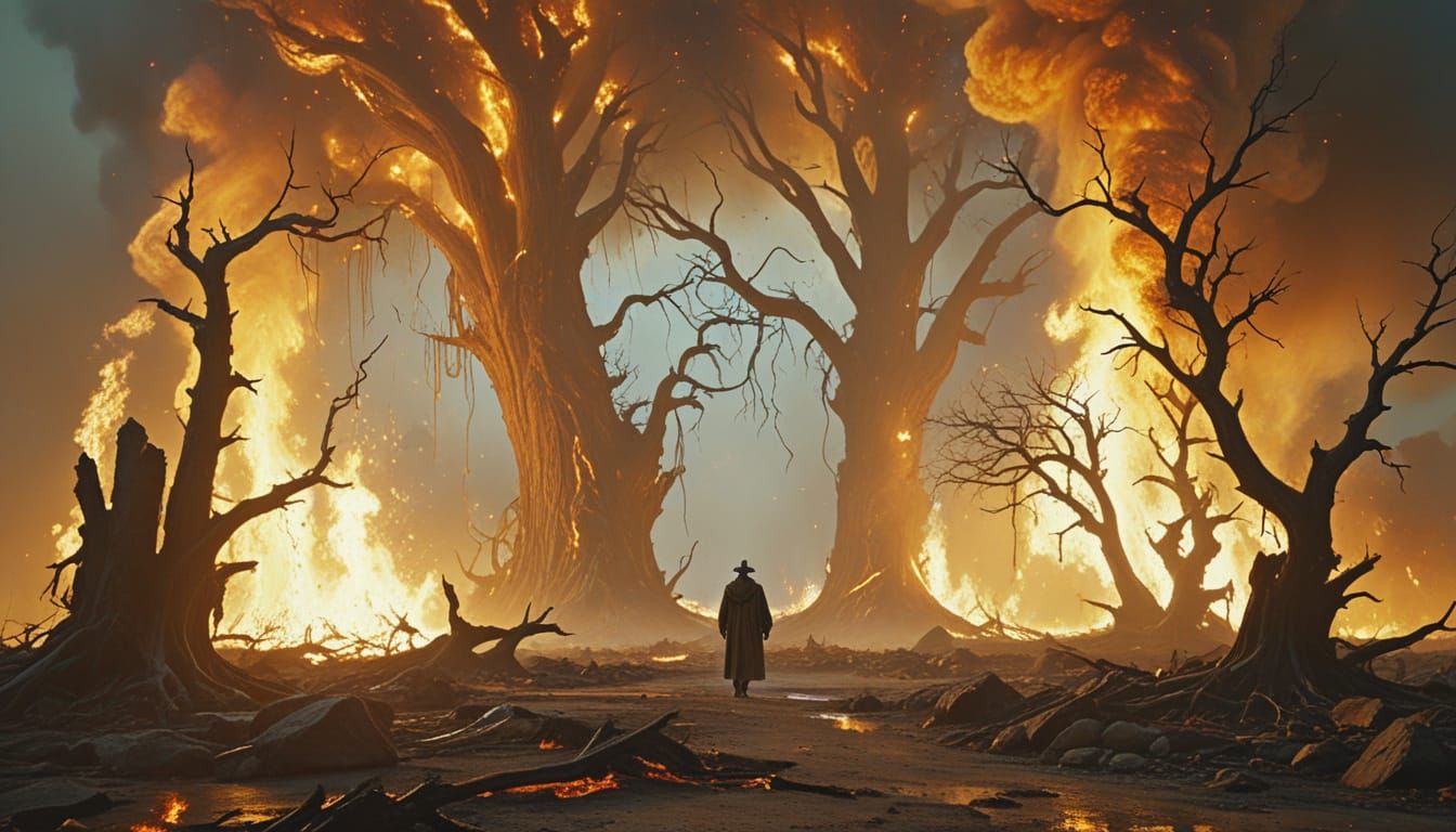 Surreal Figure Walks Through Fiery, Melting Landscape in a D...