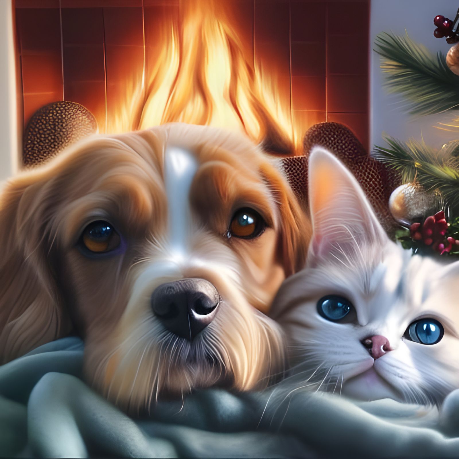 Dog and Cat Snuggling by Fireplace: Hyperrealistic Rendering