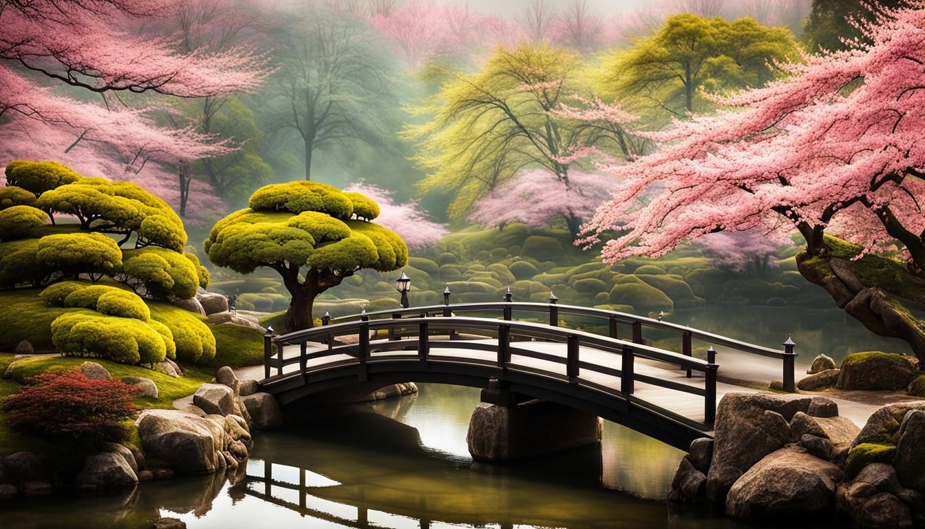 Serene Japanese Garden with Cherry Blossoms