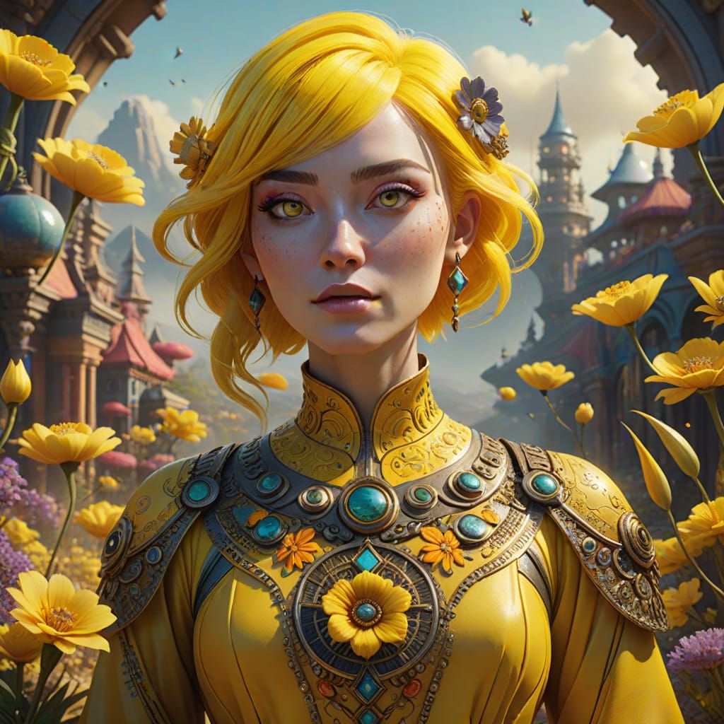 Vibrant Yellow Goddess Surrounded by Fantastical Creatures i...