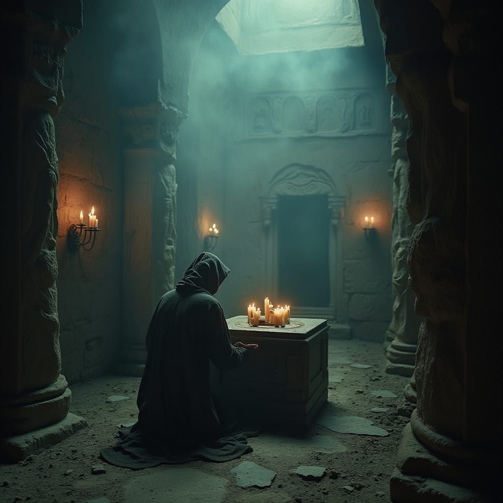 Deep within a forgotten catacomb, a hooded figure kneels before an ancient altar, chanting in a long-forgotten tongue. T...