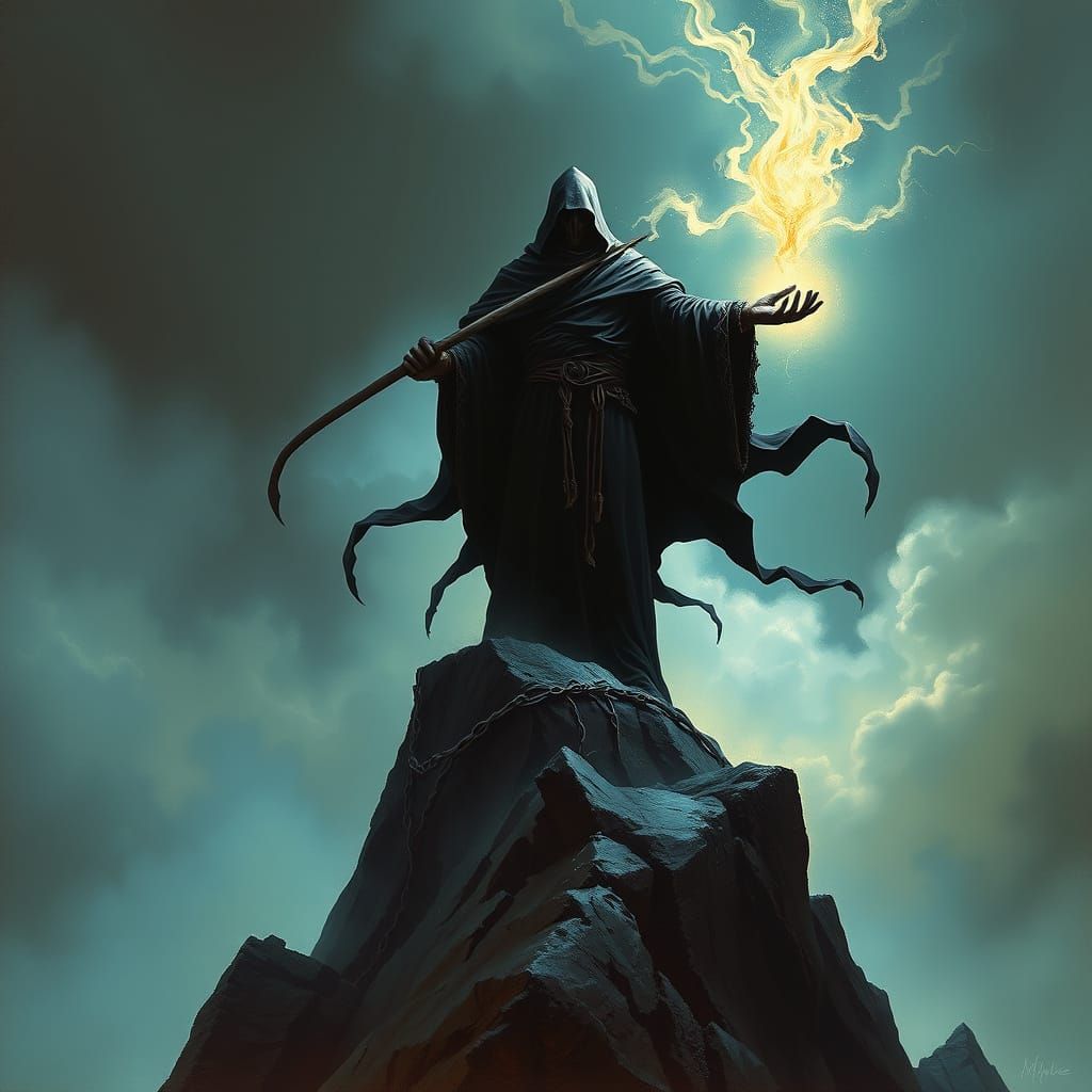 Dark Figure on Mystical Mountain with Ethereal Powers
