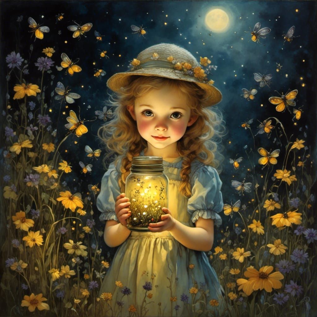 Girl with Fireflies: A Summer Night Oil Painting