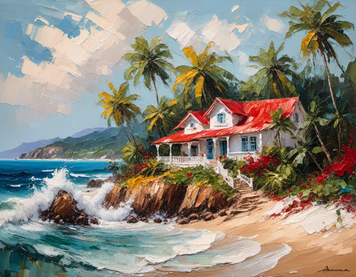 Tropical Beach House Impasto Painting in Pastel Colors