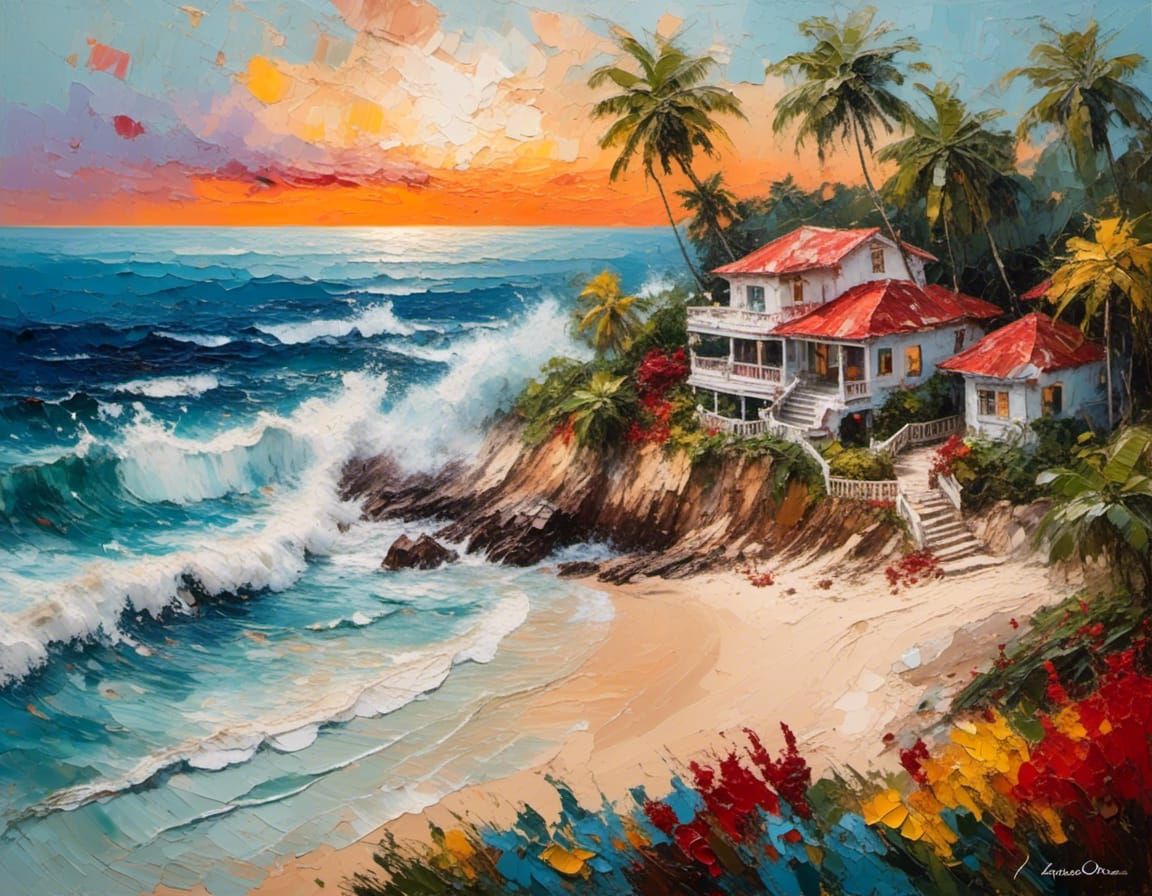 Tropical Beach House in Pastel Impasto Style
