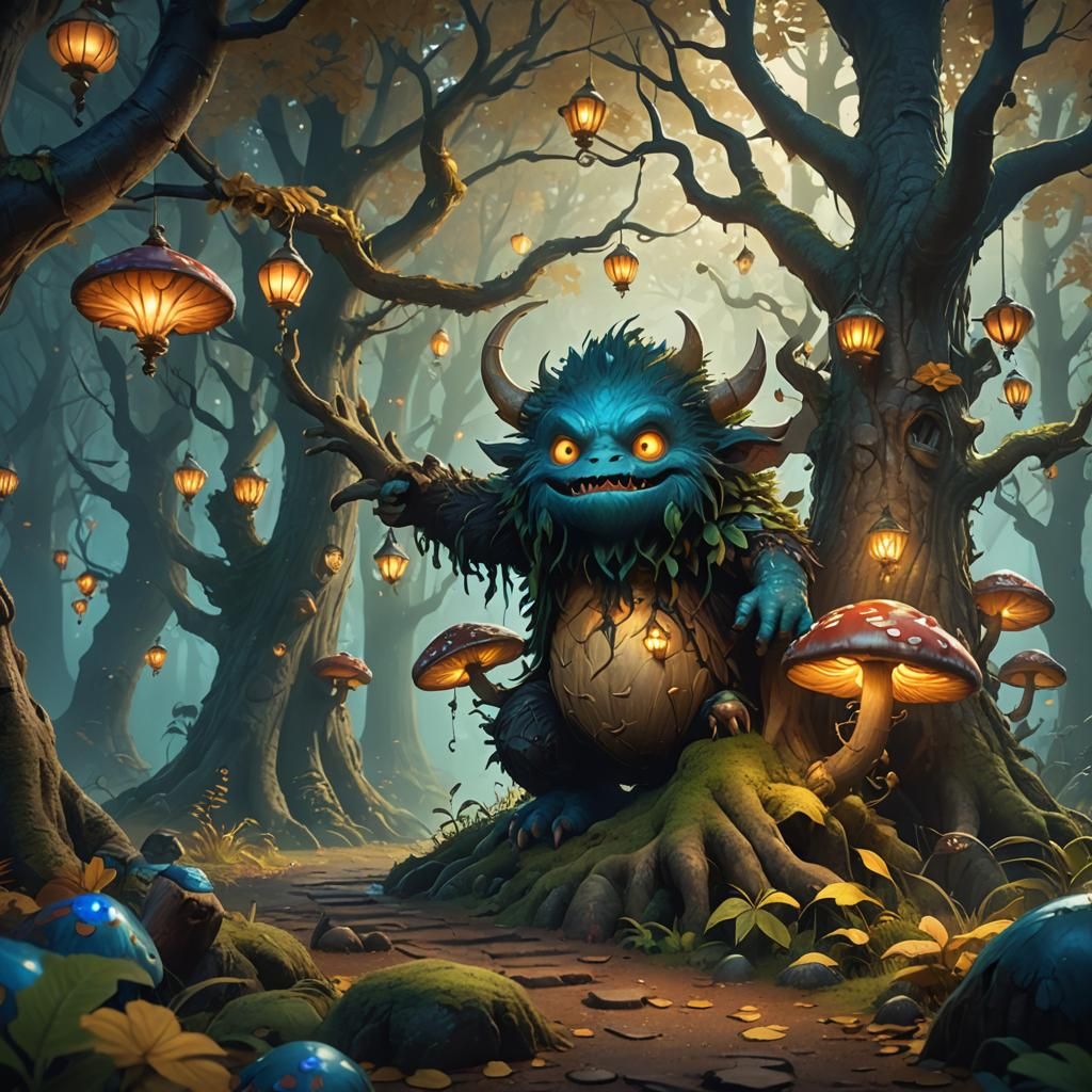 Cute Monster Escapes in Misty Forest: Fantasy Art