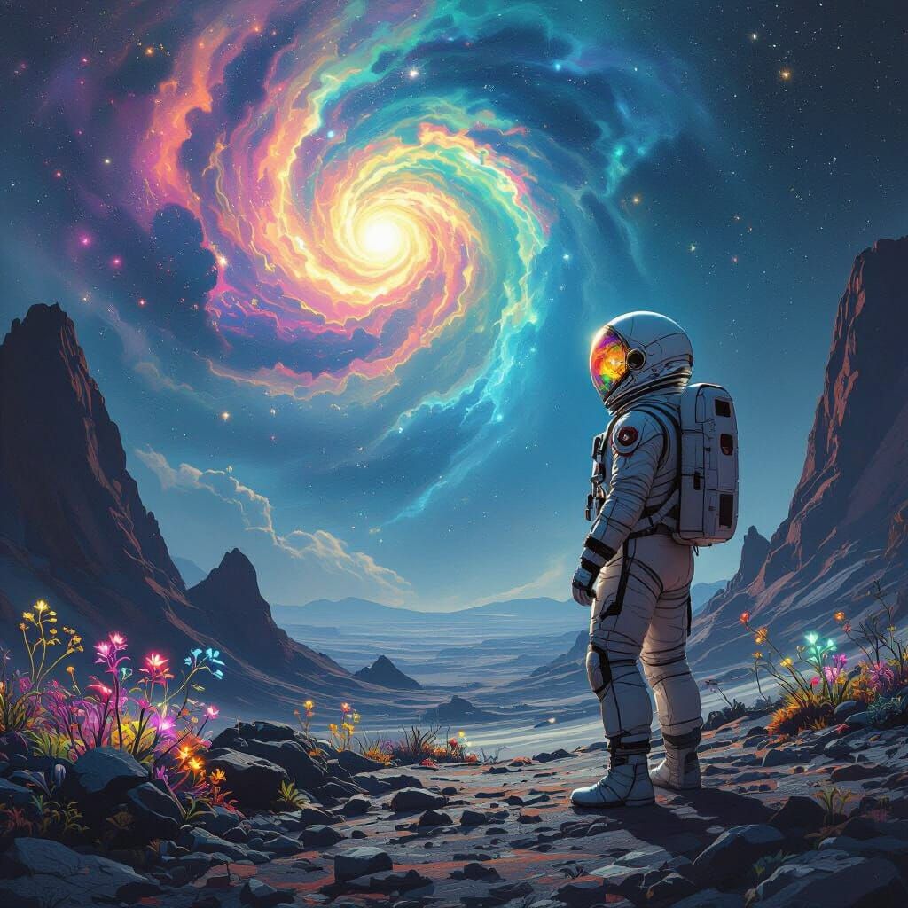 Astronaut Gazes at Nebula on Alien World