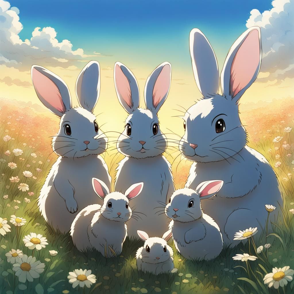 Bunny Family in Field: Studio Ghibli Anime