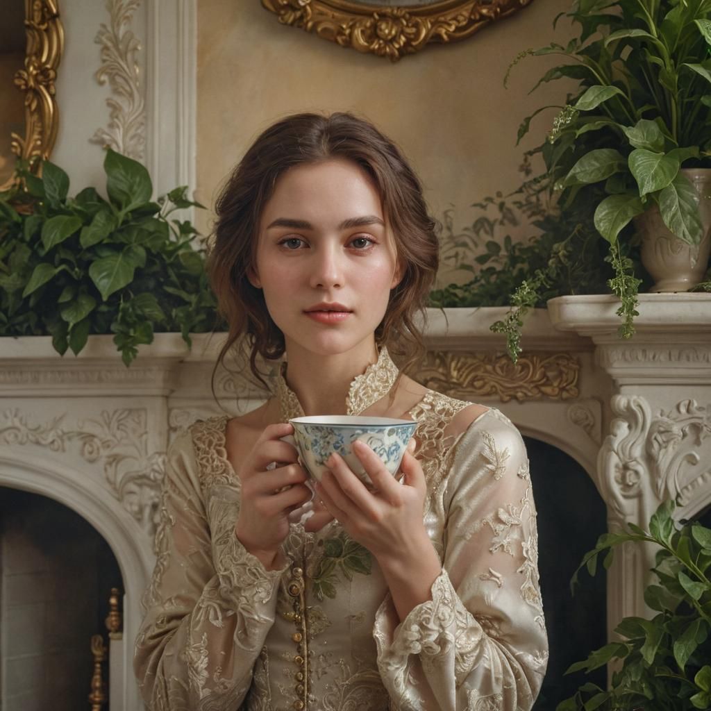 Woman in Fireplace with Porcelain Cup: Hyperrealistic Portra...