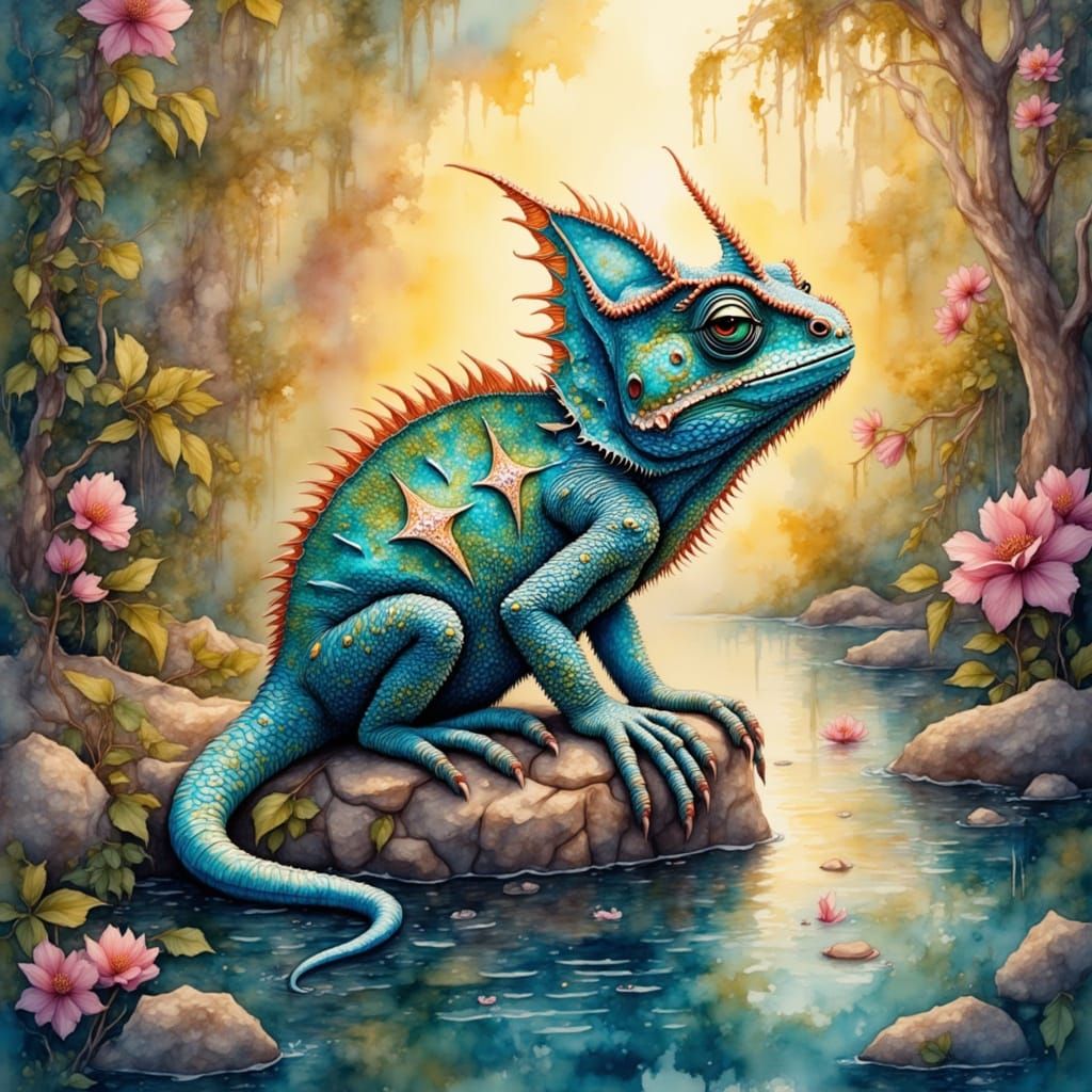 Iridescent Chameleon in Desert Oasis, Watercolor Style