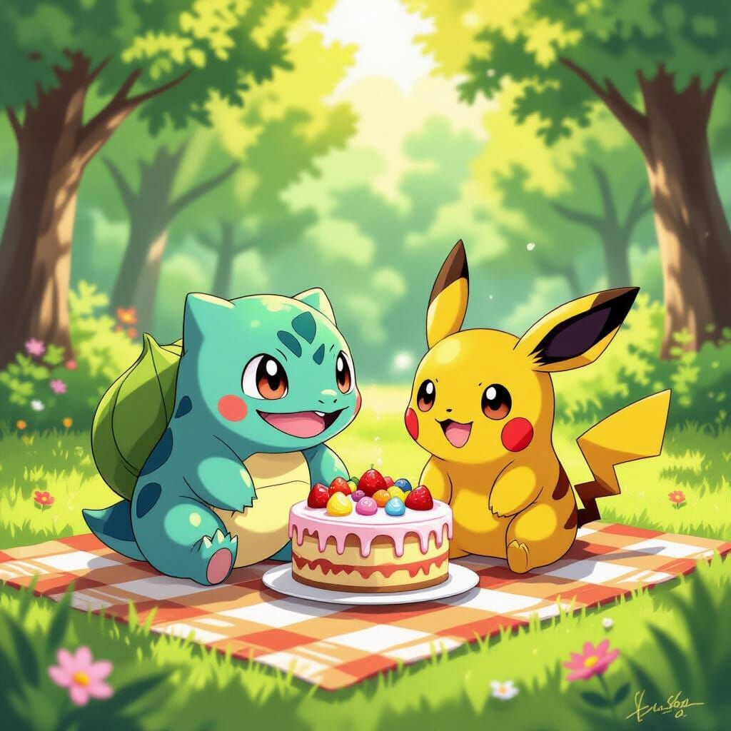 Bulbasaur Enjoys Cake with Curious Pichu in Forest Clearing