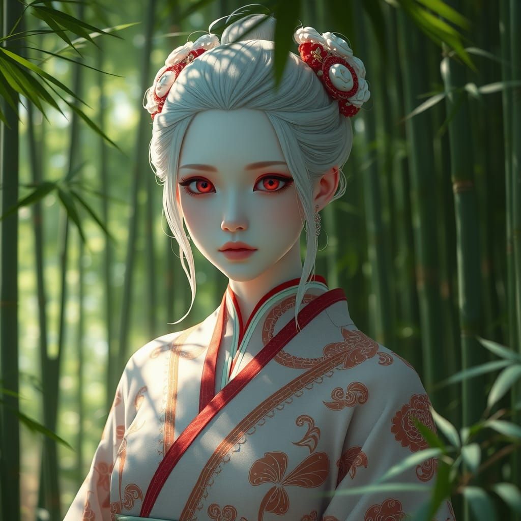 Albino Woman in Hanfu, Dreamlike Anime Style