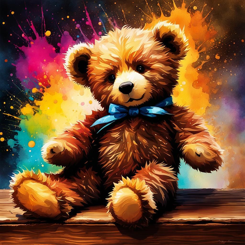 Hyper-Realistic Teddy Bear with Watercolor Ink Effects