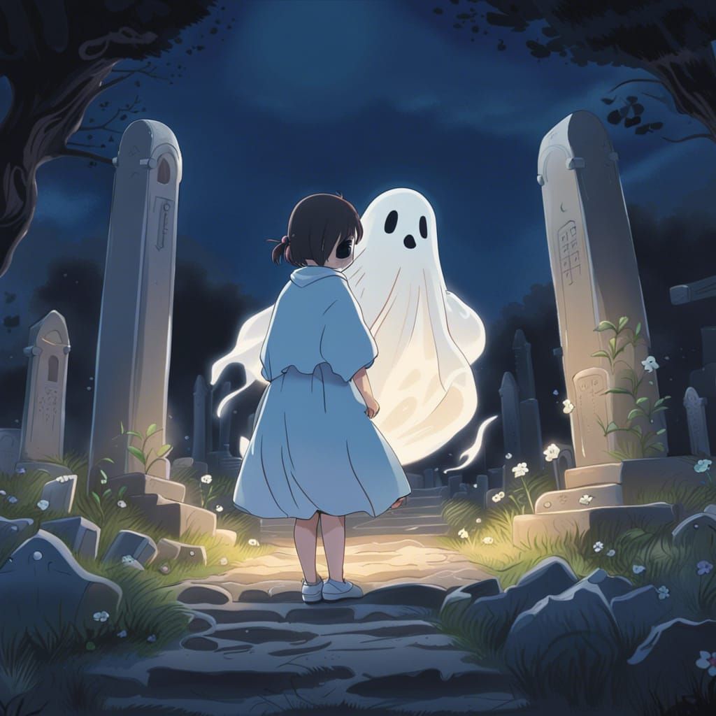 Cute Ghost Girl in Graveyard: Anime Style Illustration