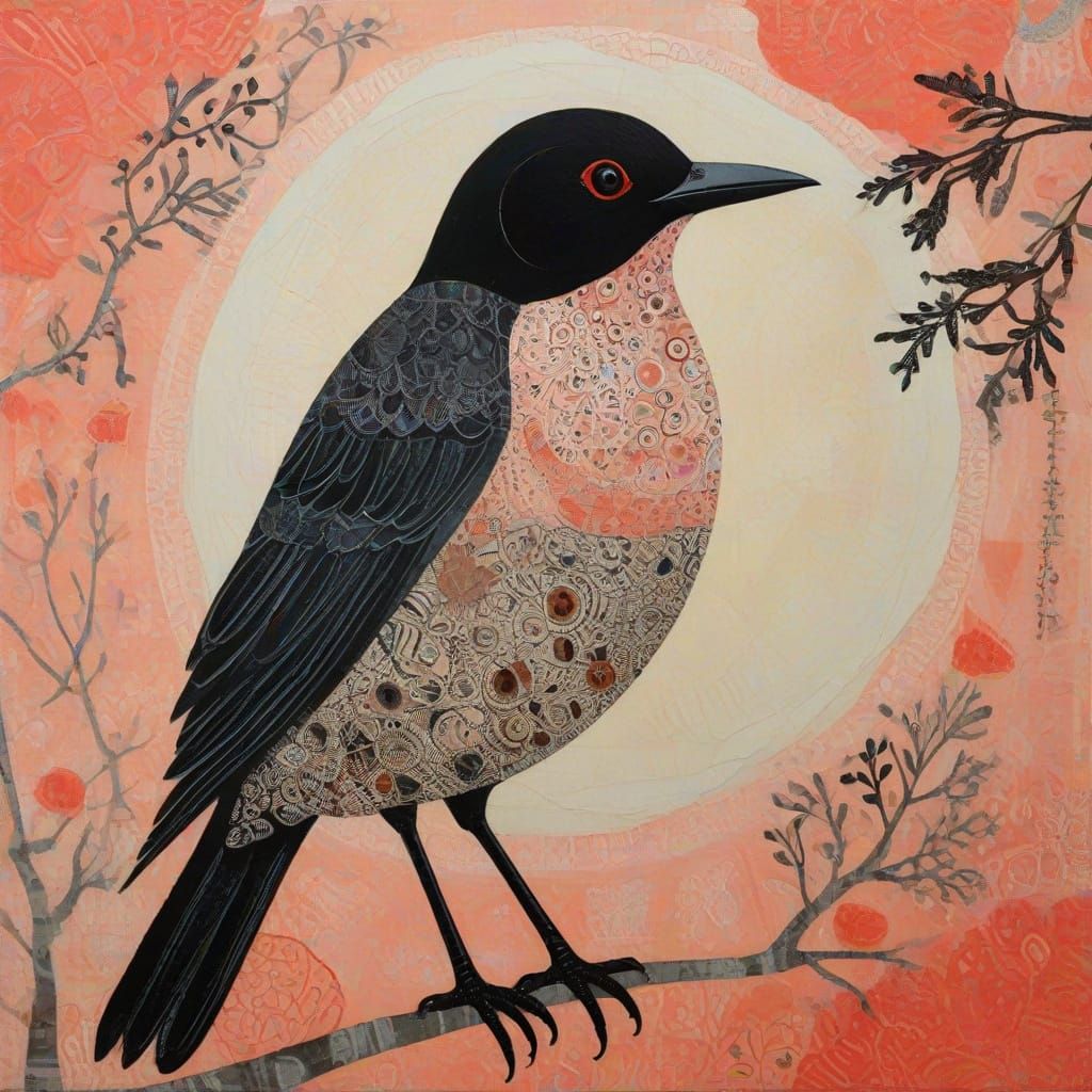 Vibrant Bird in Mixed Media Collage