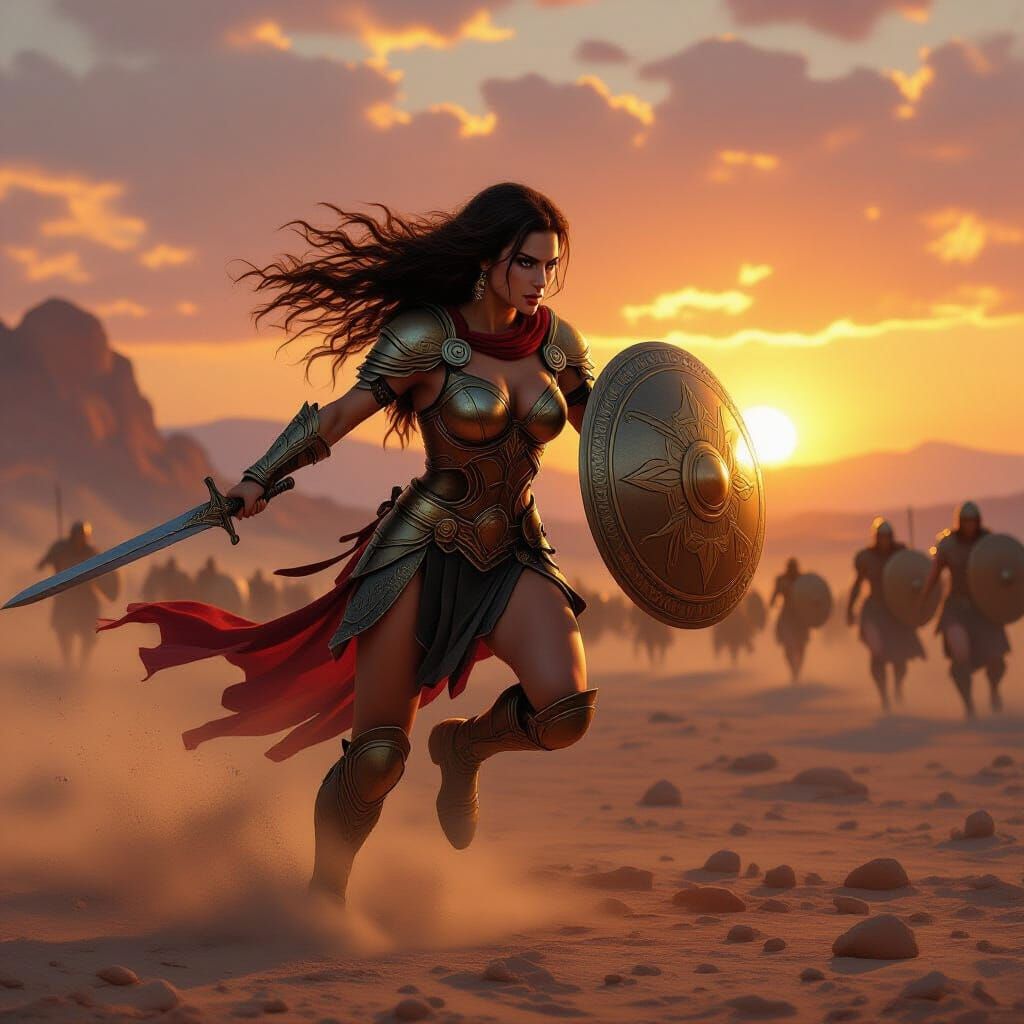 Greek Warrior Charging Across Battlefield, Dramatic Lighting