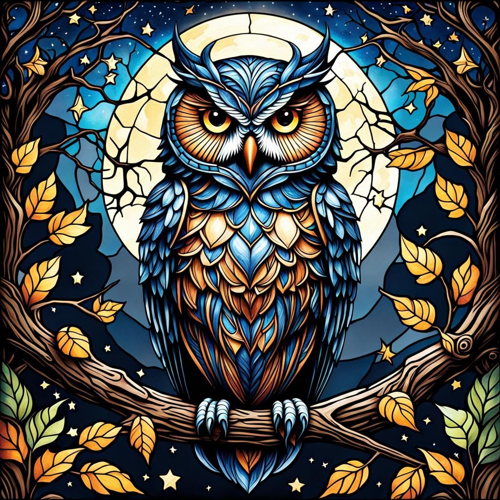 Gothic Stained Glass Owl Under Moonlight