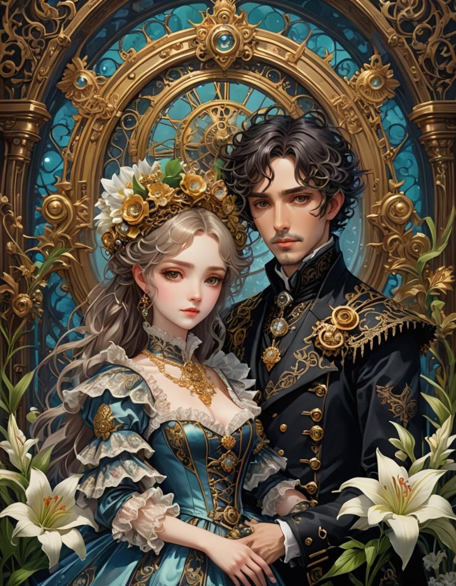 Victorian Gothic Couple with Lilies as Impasto Painting