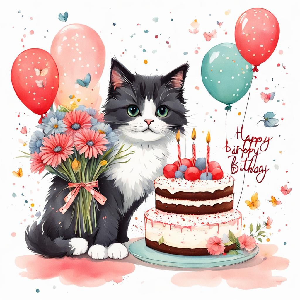 Birthday Postcard with Kitten, Cake, and Balloons