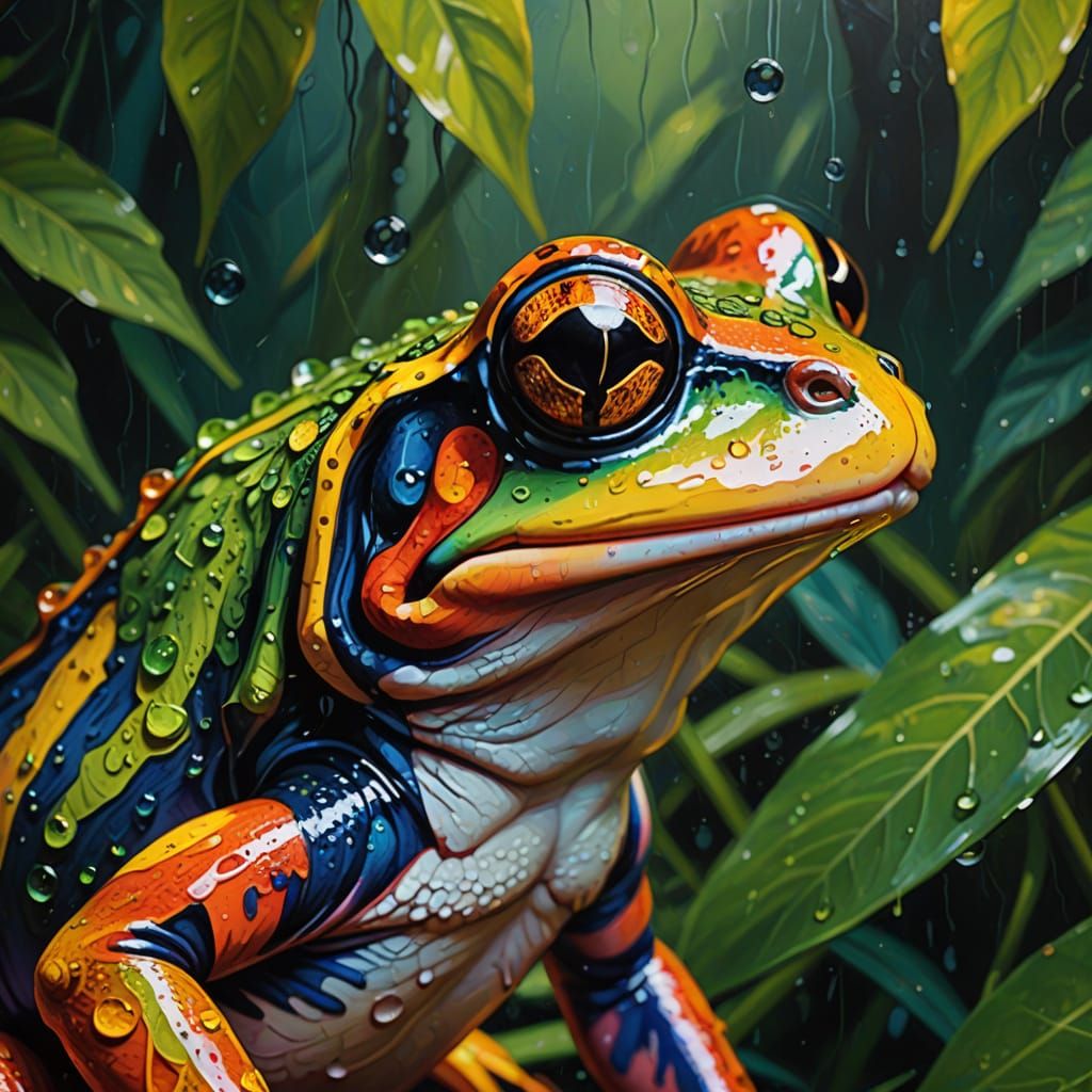 Vibrant Frog on a Dark Green Leaf in a Rainforest