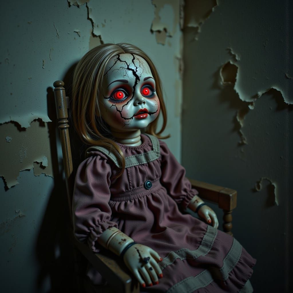Creepy Doll with Glowing Eyes in Abandoned Hospital
