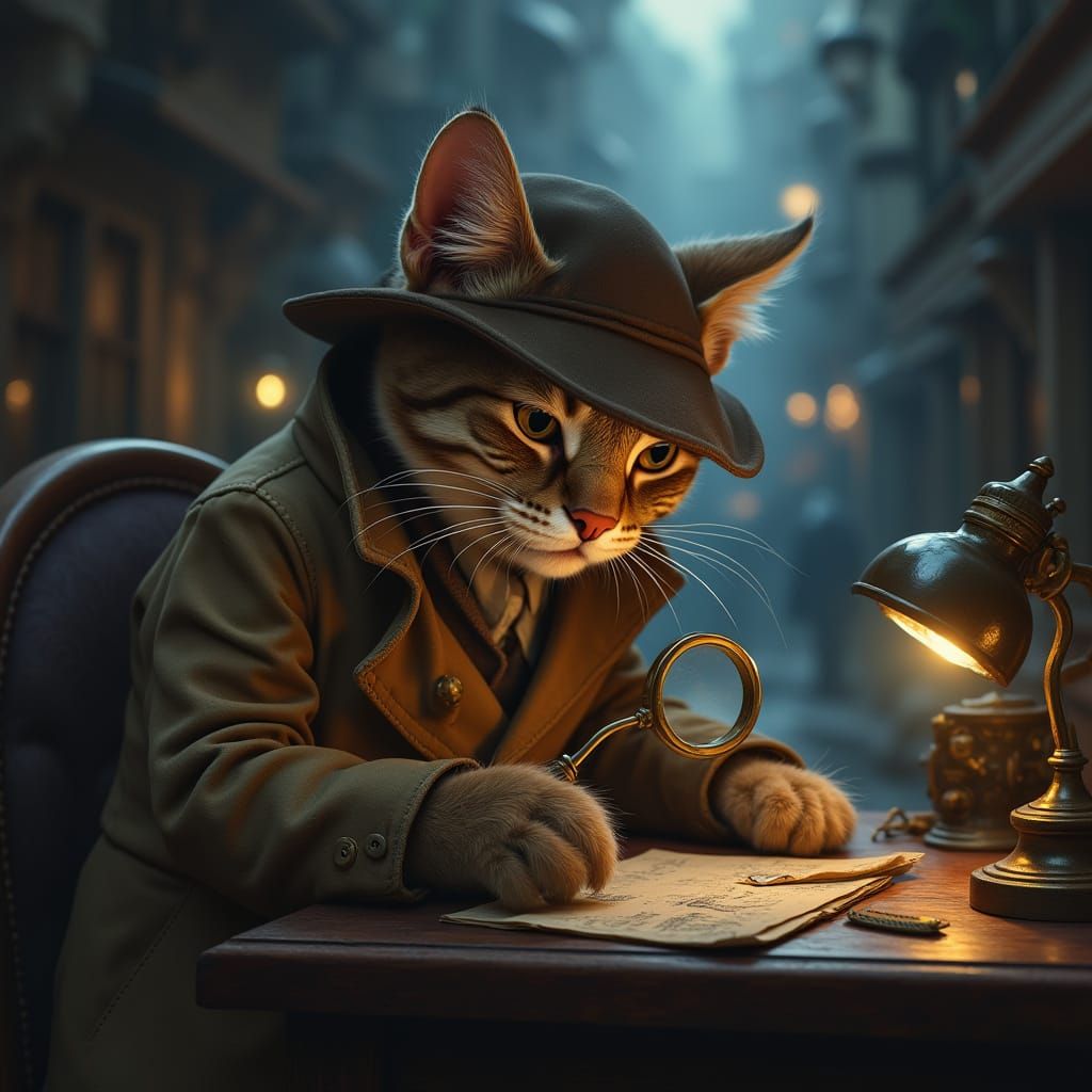 Steampunk Feline Detective Examines Clue with Magnifying Gla...