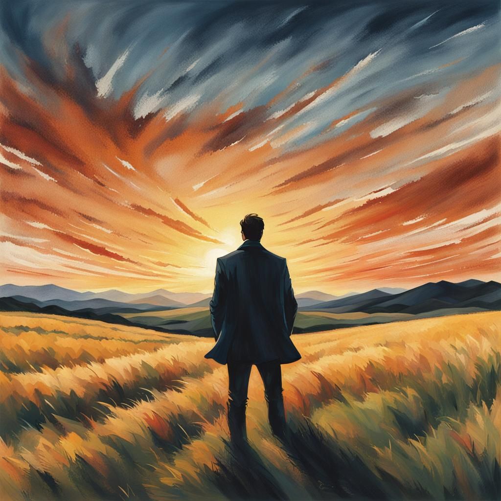 Lone Man Embracing Sunset in Windy Field