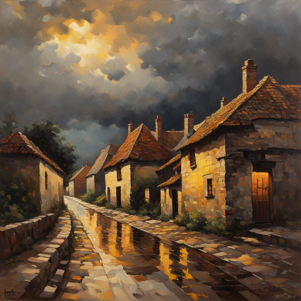 Impressionist Oil Painting of Village Before Storm
