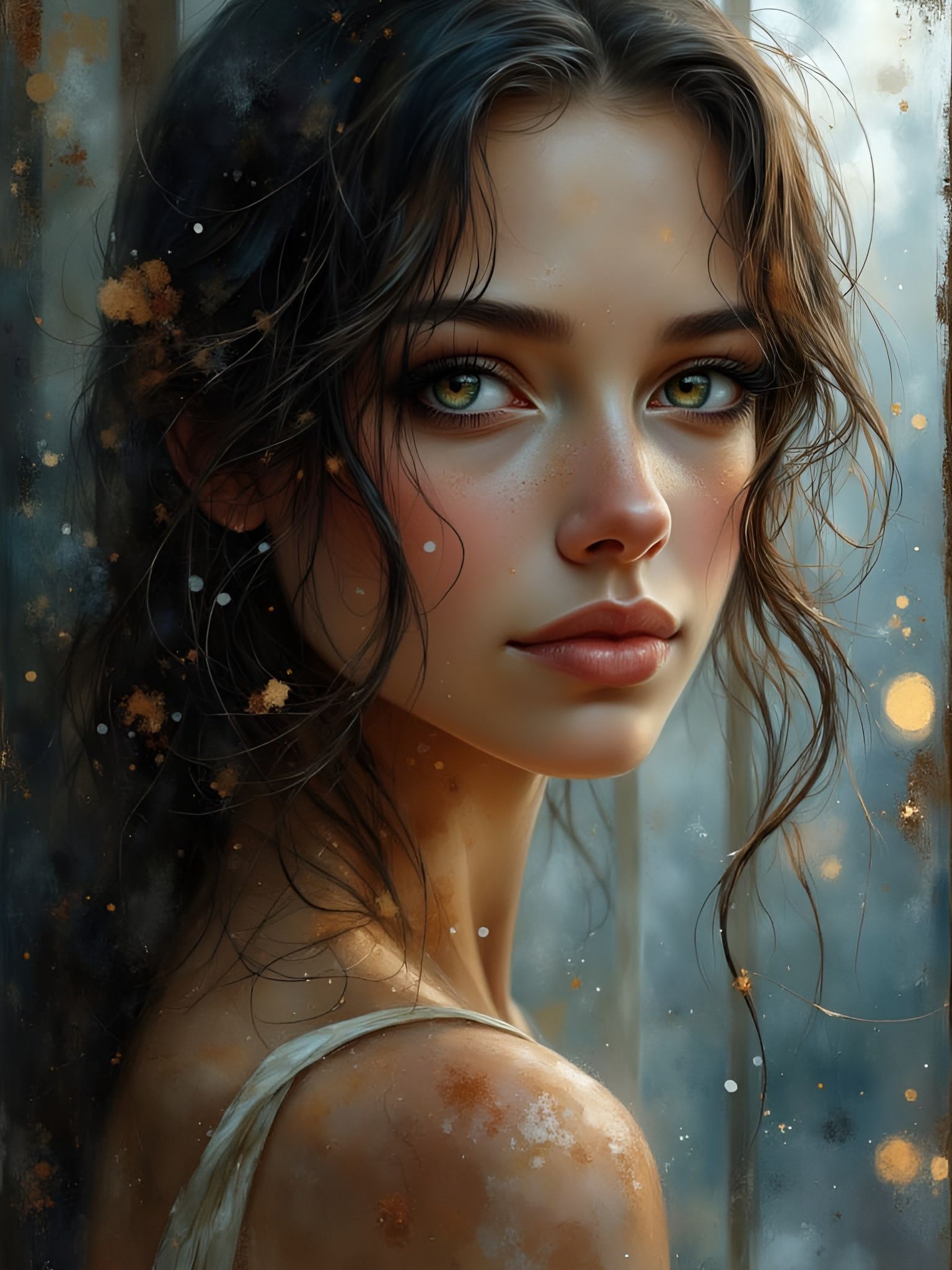 Woman Gazes Out Rain-Streaked Window in Moody Light