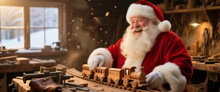 Santa Claus Assembles Toy Train in Cozy Workshop