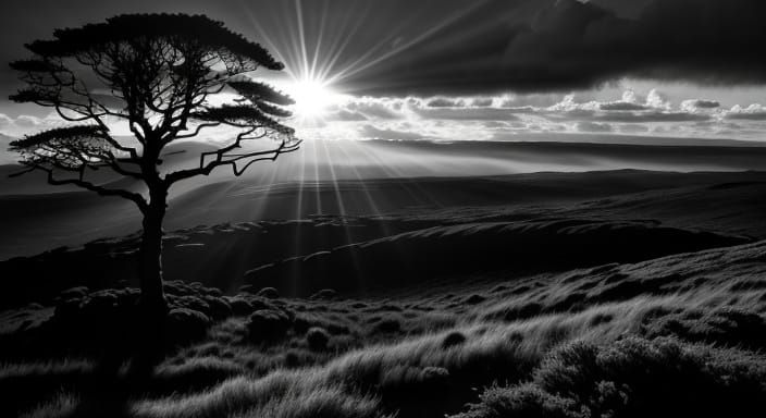 Lonely Monochromatic Tree Stands Tall Amidst the Moorland