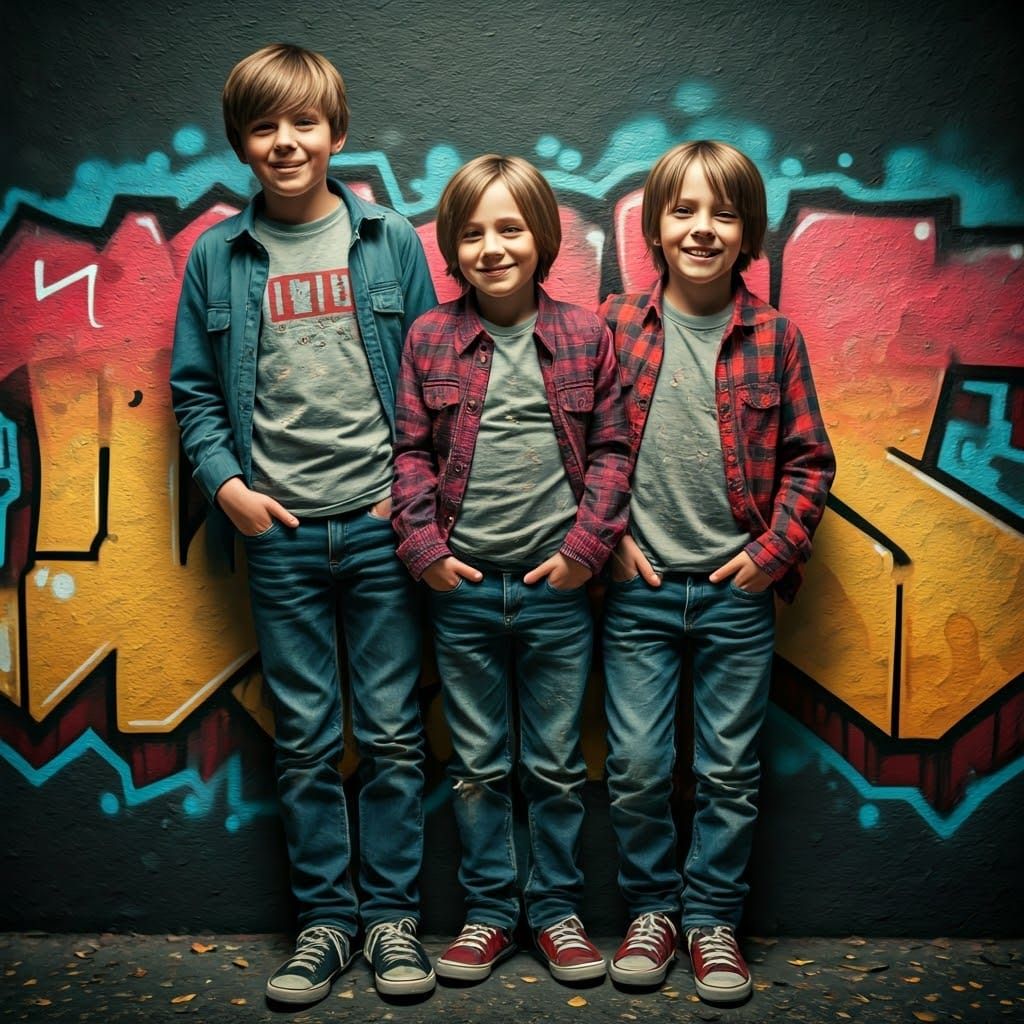 Mischievous Kids Against Graffiti Wall in Dark Futurism