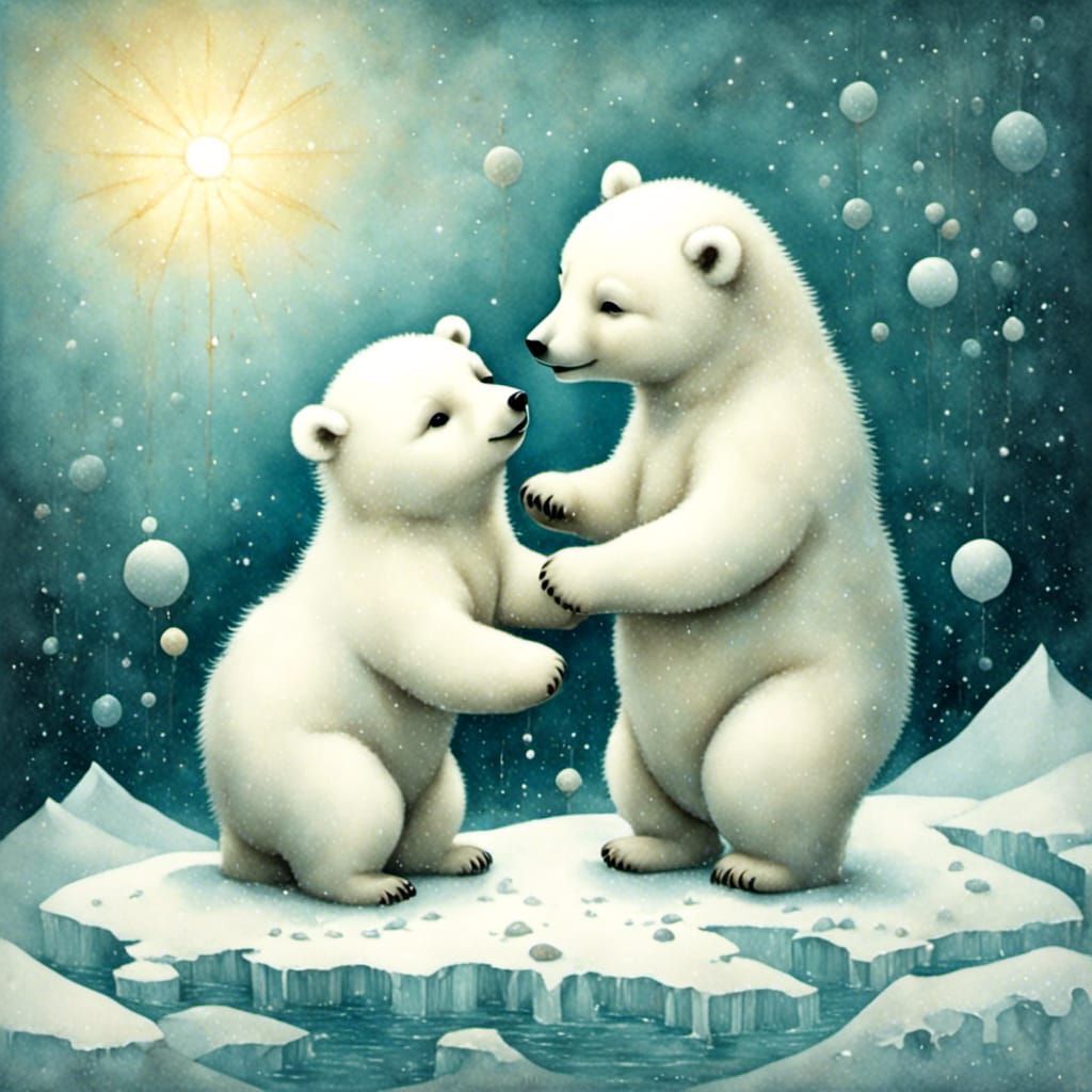 Chibi Polar Bears in Pop Surrealist Winter Scene