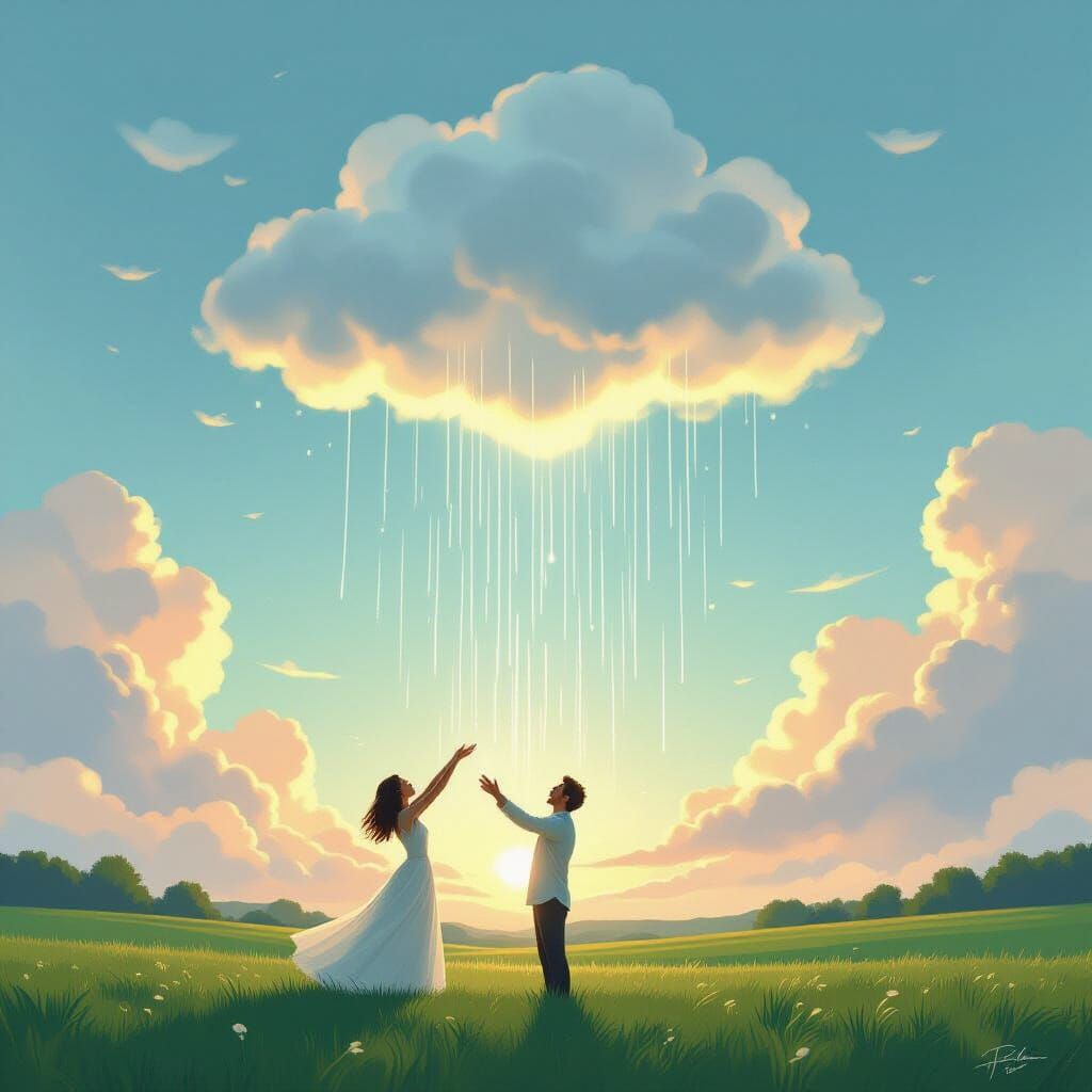 Rain Cloud Woman Descends in Dreamlike Landscape