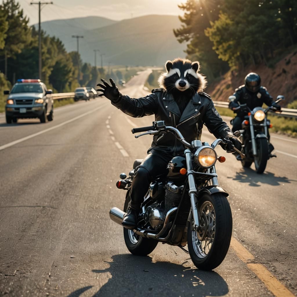 A Skunk on a Motorcycle, Chased by a Policeman in a Hyper-Re...