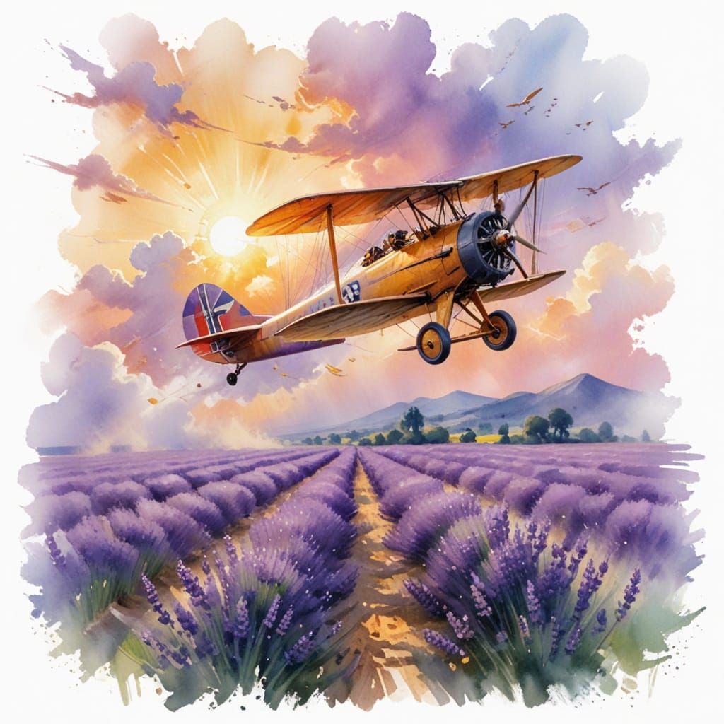 Biplane Over Lavender Fields at Sunset