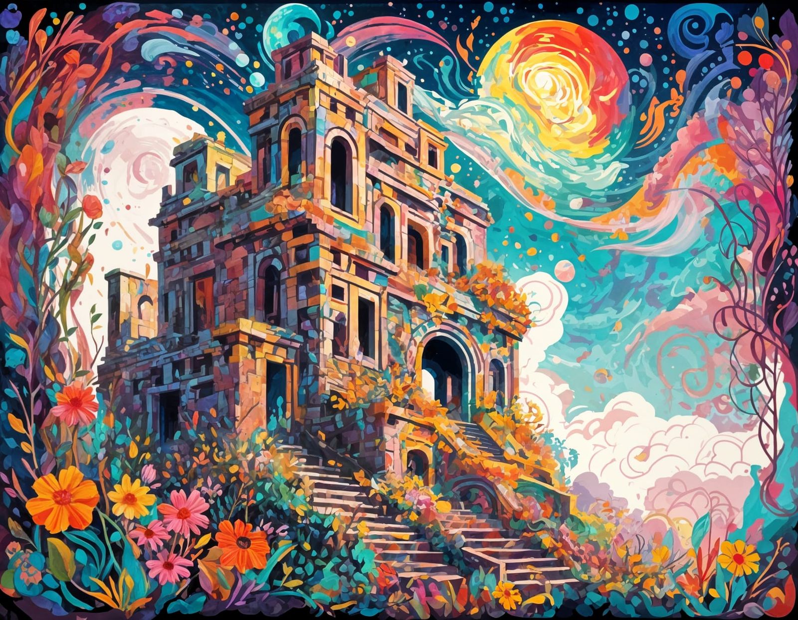 Cosmic Expressionism: Ancient Ruin in Vibrant Flora