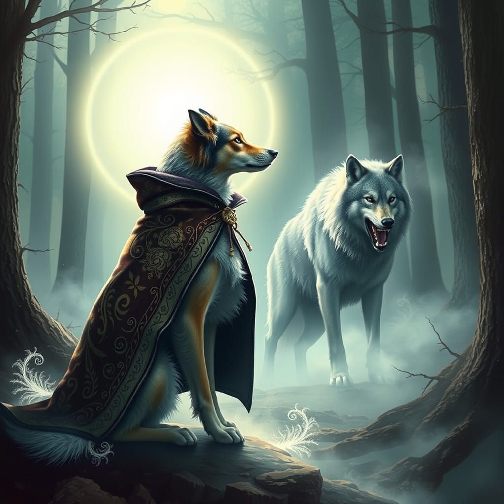Majestic Dog in Regal Cloak Defies Wolf in Mystical Confront...